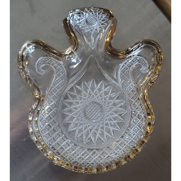 Pressed Glass Dish Vtg Edges In Gold Diamond Pattern - Picture 3 of 5
